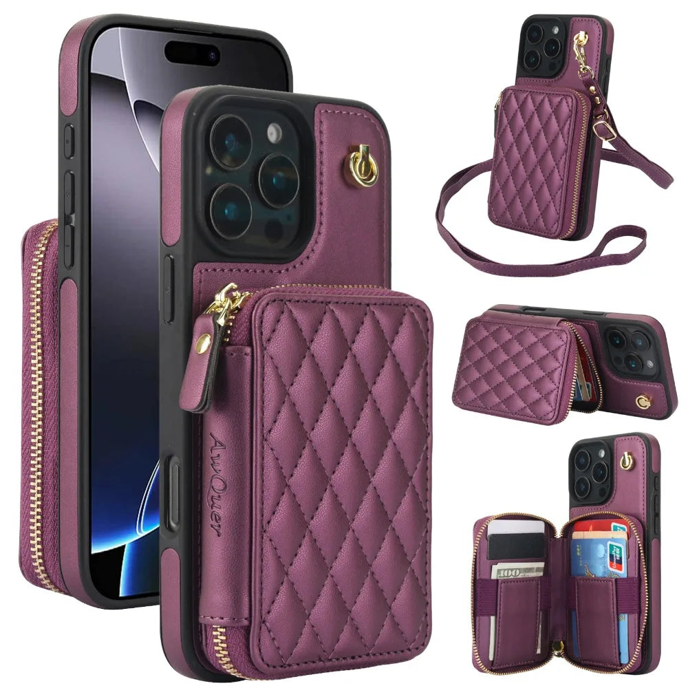 Leather Phone Case for IPhone 16, 15, 14 Plus 13, 12, and 11 Pro Max Crossbody Wrist Strap Zipper Wallet with Card Holder Cover