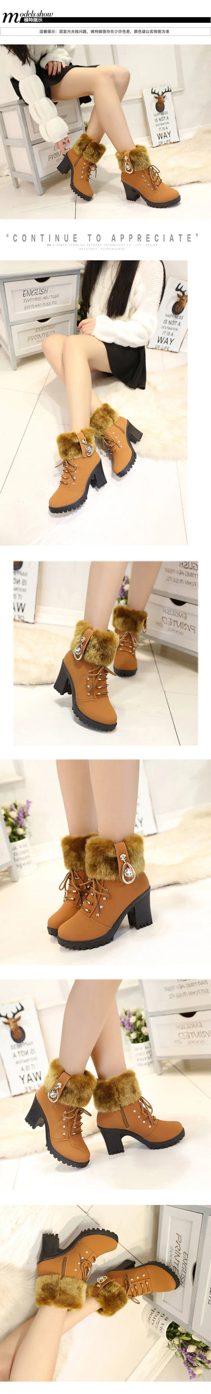 Fur Chunky Heel Ankle Boots Lace-up Zip with Plush Warm Women Shoes Round 2023 Fall Winter New Rhinestone Platform Short Boots