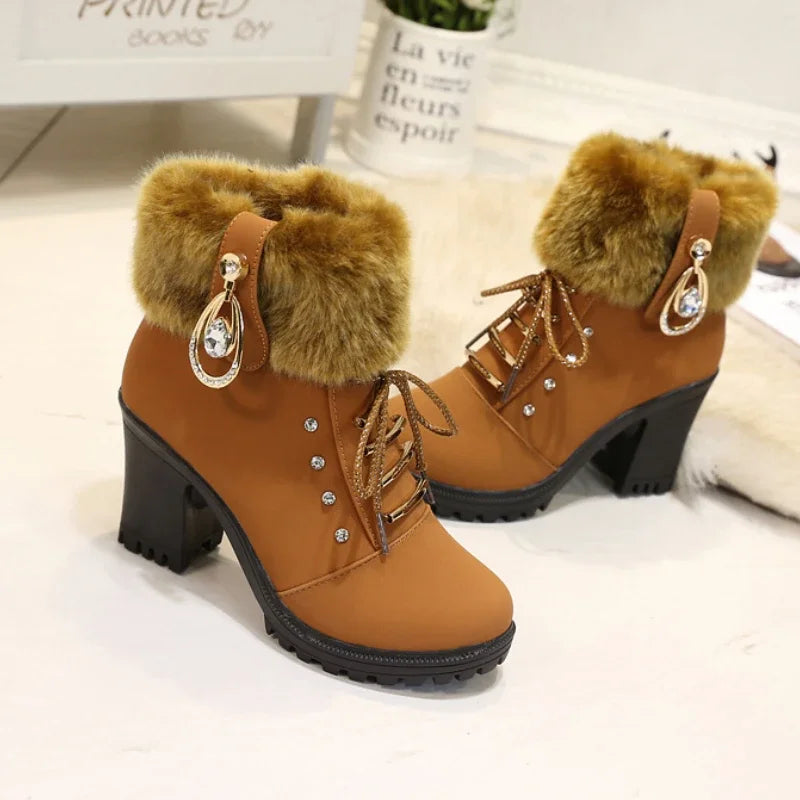 Fur Chunky Heel Ankle Boots Lace-up Zip with Plush Warm Women Shoes Round 2023 Fall Winter New Rhinestone Platform Short Boots