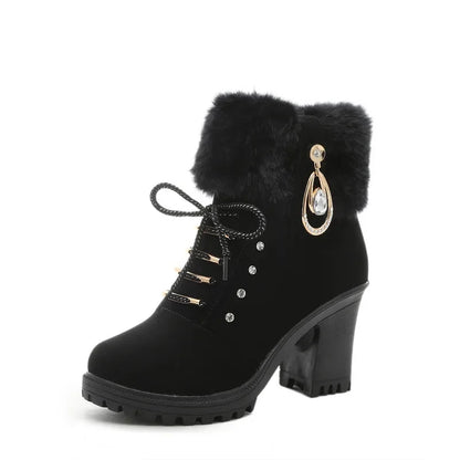 Fur Chunky Heel Ankle Boots Lace-up Zip with Plush Warm Women Shoes Round 2023 Fall Winter New Rhinestone Platform Short Boots