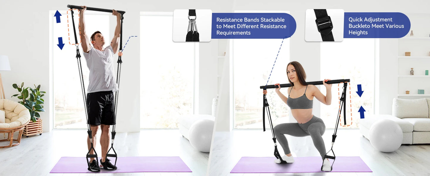 Portable Pilates Tensioner Kit With Latex Resistance Band, Exercise Fitness Equipment With Portable Storage Bag