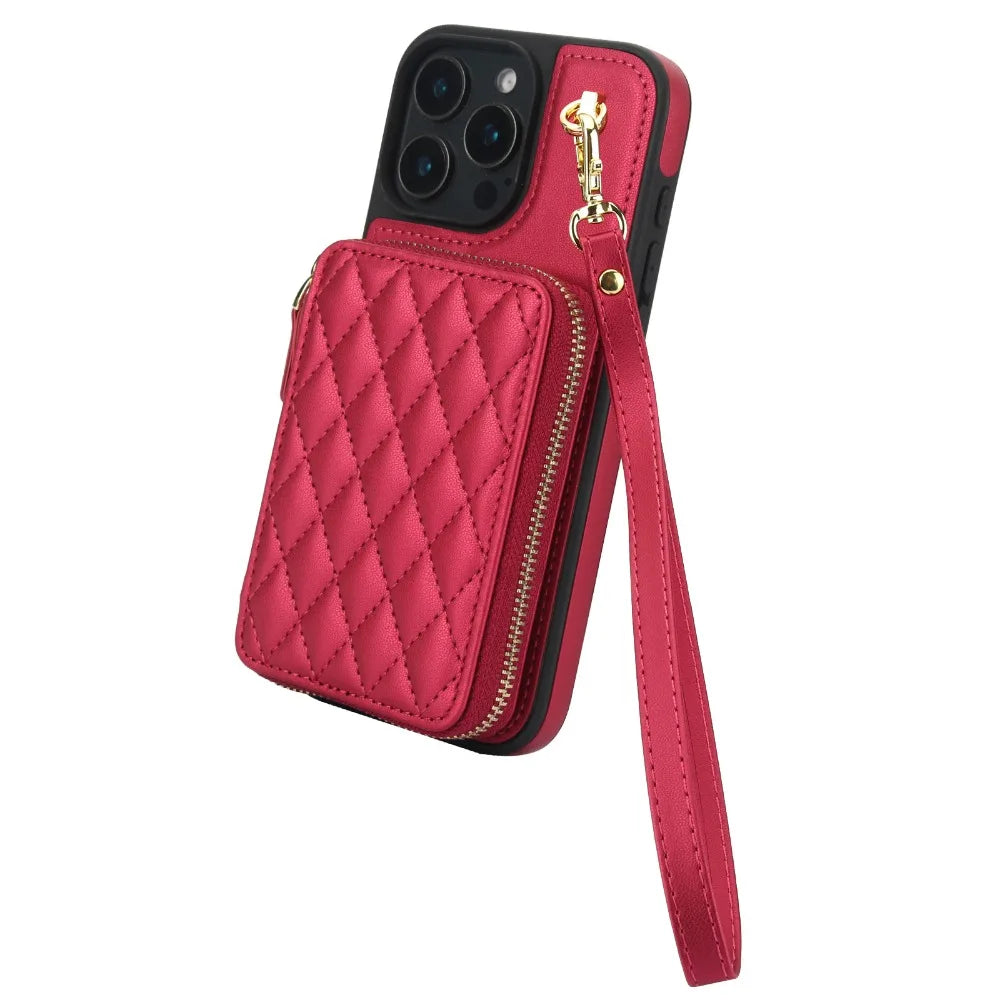 Leather Phone Case for IPhone 16, 15, 14 Plus 13, 12, and 11 Pro Max Crossbody Wrist Strap Zipper Wallet with Card Holder Cover