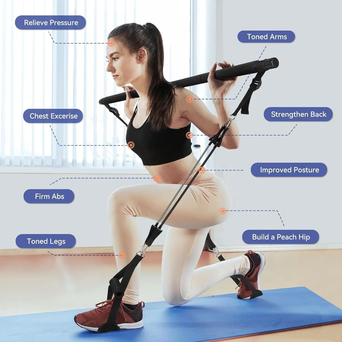 Portable Pilates Tensioner Kit With Latex Resistance Band, Exercise Fitness Equipment With Portable Storage Bag