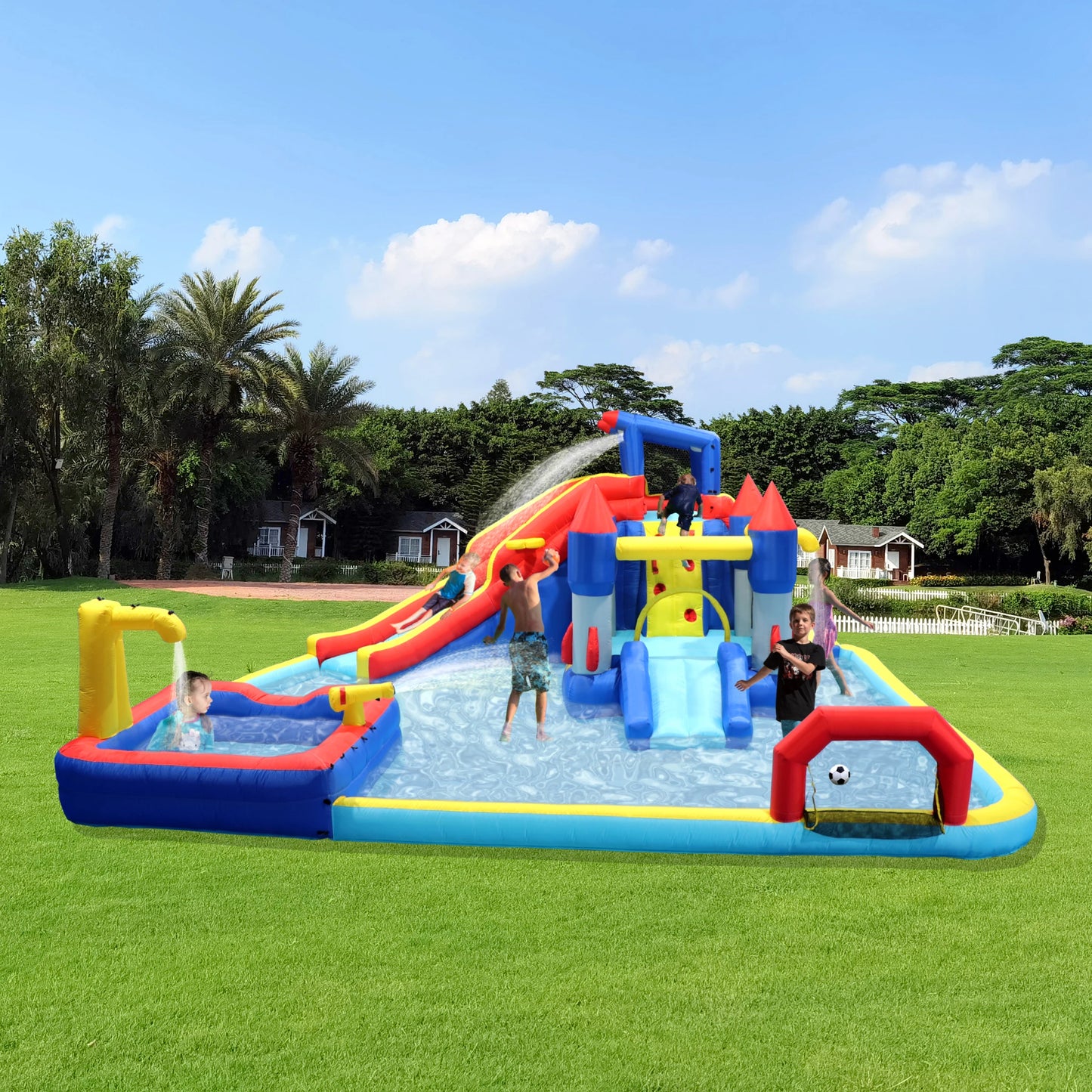 10 in1 Inflatable slide water park bouncing house garden with splash pool & water gun & basketball & climbing wall & dual pools