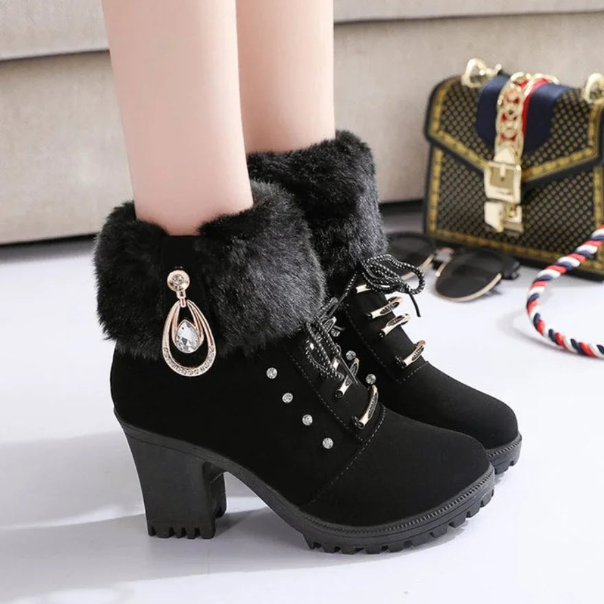 Fur Chunky Heel Ankle Boots Lace-up Zip with Plush Warm Women Shoes Round 2023 Fall Winter New Rhinestone Platform Short Boots