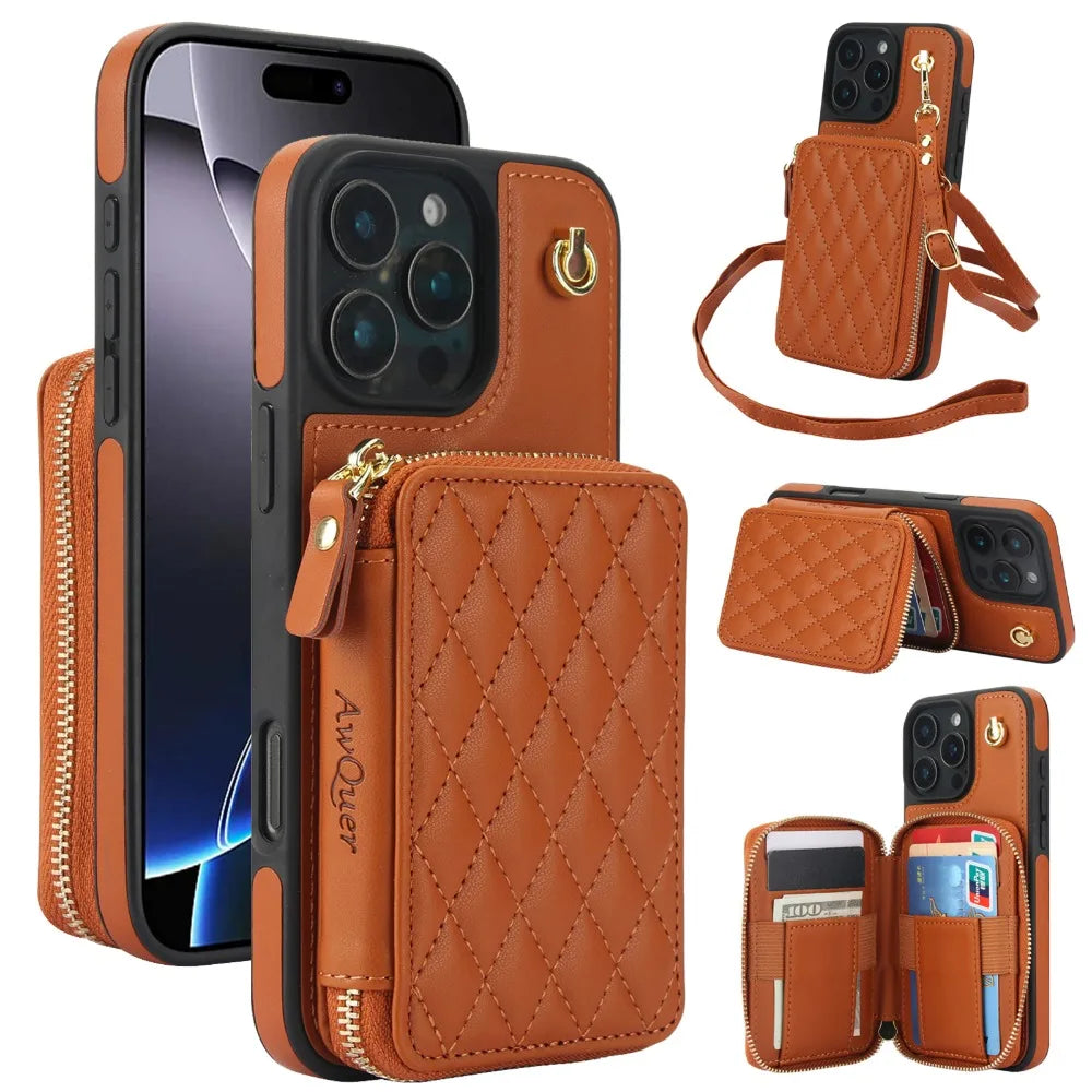 Leather Phone Case for IPhone 16, 15, 14 Plus 13, 12, and 11 Pro Max Crossbody Wrist Strap Zipper Wallet with Card Holder Cover