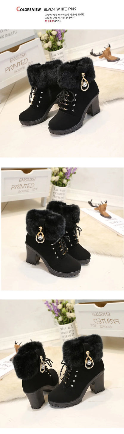 Fur Chunky Heel Ankle Boots Lace-up Zip with Plush Warm Women Shoes Round 2023 Fall Winter New Rhinestone Platform Short Boots