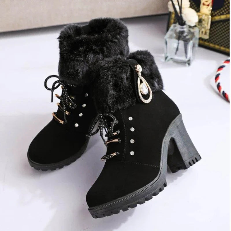 Fur Chunky Heel Ankle Boots Lace-up Zip with Plush Warm Women Shoes Round 2023 Fall Winter New Rhinestone Platform Short Boots