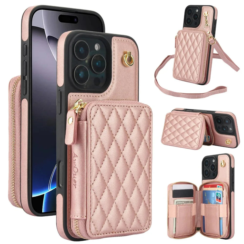 Leather Phone Case for IPhone 16, 15, 14 Plus 13, 12, and 11 Pro Max Crossbody Wrist Strap Zipper Wallet with Card Holder Cover