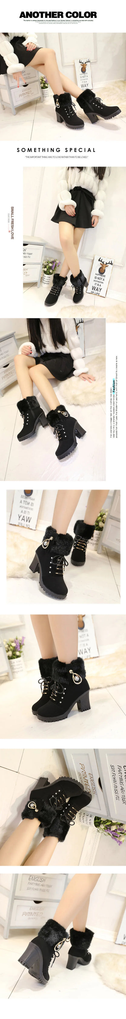 Fur Chunky Heel Ankle Boots Lace-up Zip with Plush Warm Women Shoes Round 2023 Fall Winter New Rhinestone Platform Short Boots