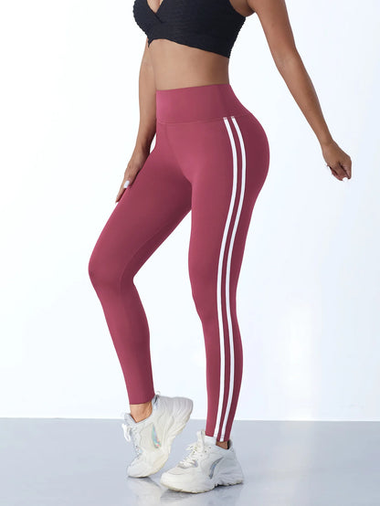 Casual Sports Side Stripe Pants High Waist 4 Way Stretch Breathable Running Workout Yoga Leggings Activewear For Women