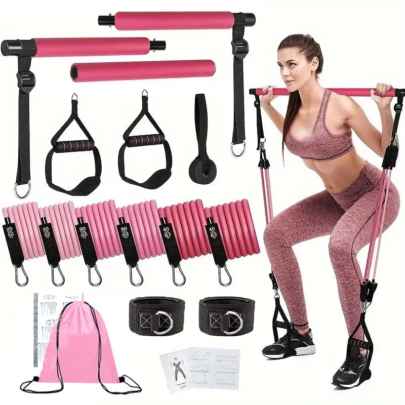 Portable Pilates Tensioner Kit With Latex Resistance Band, Exercise Fitness Equipment With Portable Storage Bag