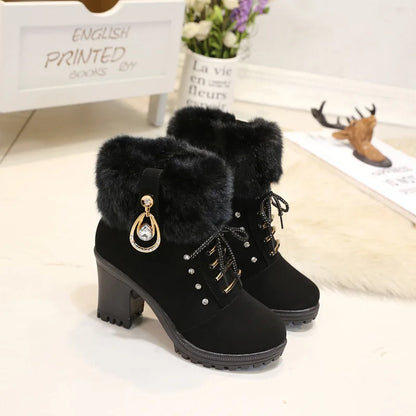 Fur Chunky Heel Ankle Boots Lace-up Zip with Plush Warm Women Shoes Round 2023 Fall Winter New Rhinestone Platform Short Boots