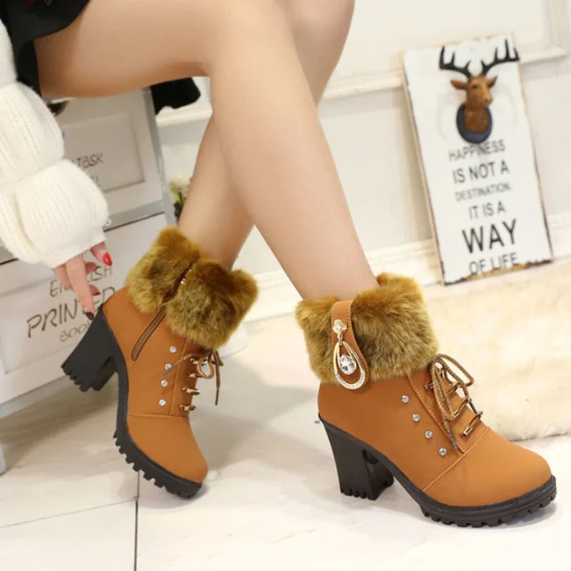 Fur Chunky Heel Ankle Boots Lace-up Zip with Plush Warm Women Shoes Round 2023 Fall Winter New Rhinestone Platform Short Boots