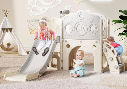 8 in 1 Kids Slide with Basketball Hoop, Telescope and Climber, Baby Slide Toddler Playground