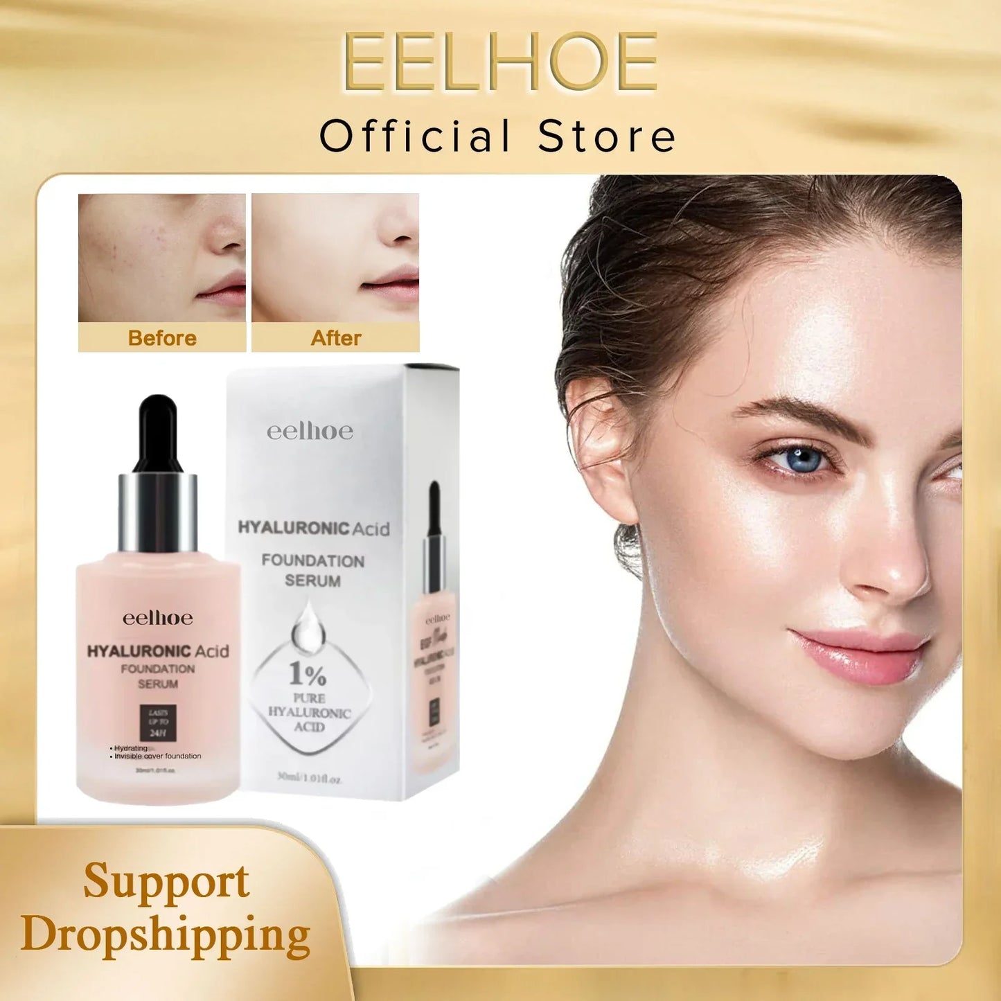 Hyaluronic Acid Liquid Foundation Waterproof No Creasing Long-lasting Moisturizing