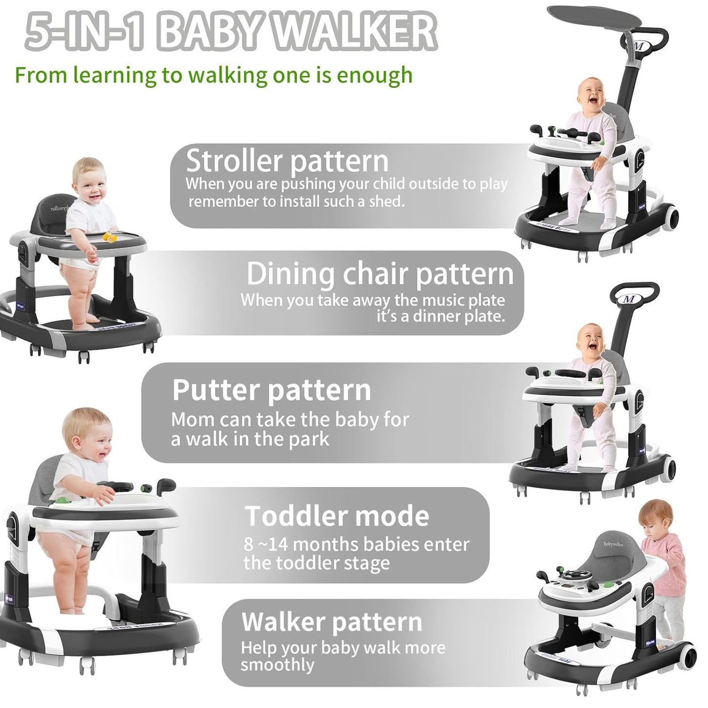 Walker, 5 Modes Foldable Walker with Wheels, Music, 4-Height Walker with Push Handle, Bouncer, Food Tray, Sunshade, Walkers for 6-12 Months Boys Girls(Grey)