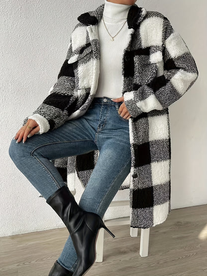 New fashion contrasting color plaid plush overcoat for autumn and winter. Casual drop-shoulder long-sleeved jacket. Trendy Women's clothing, versatile plaid overcoat.