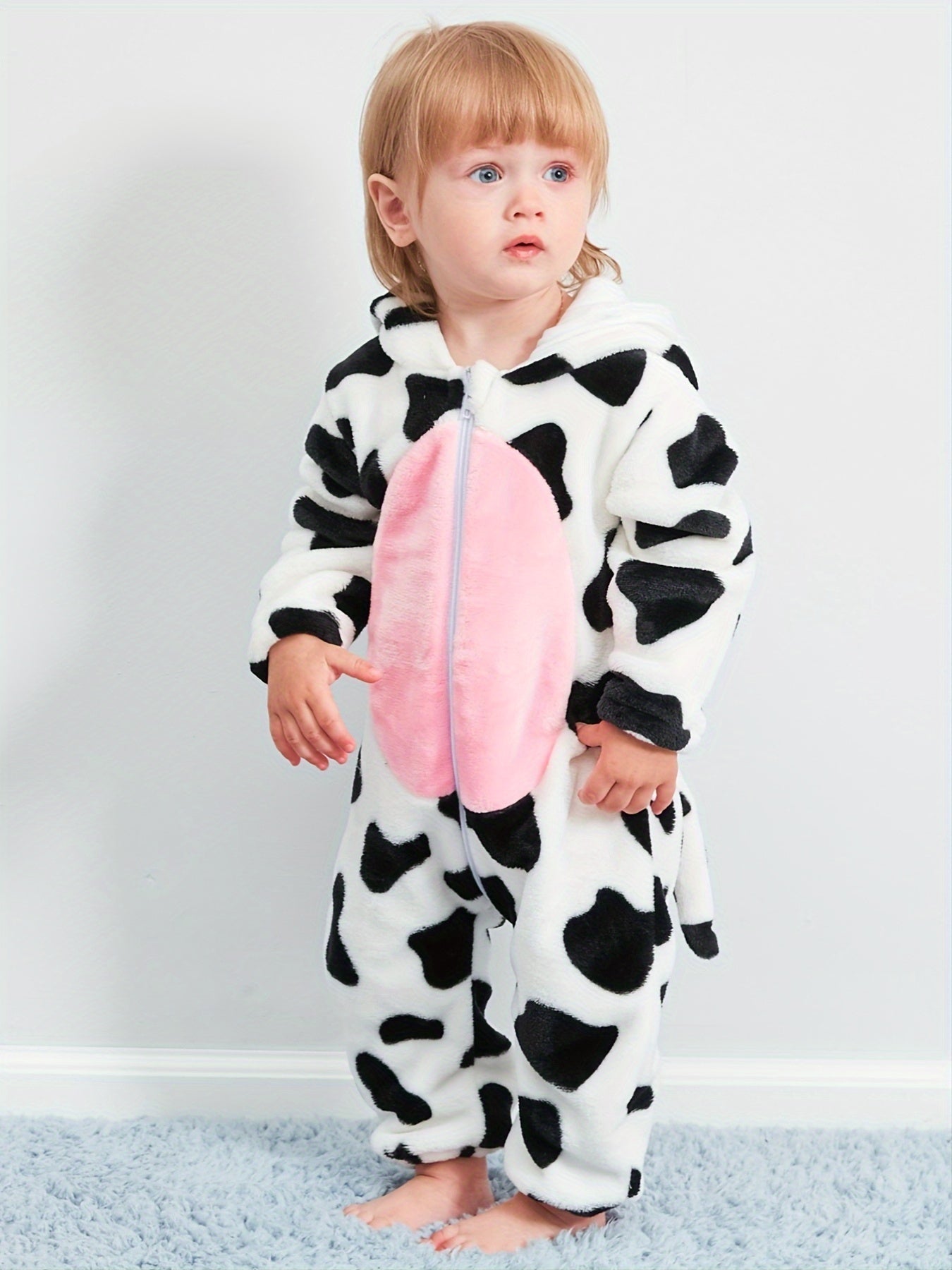 Super Cute Cow Shape Furry Baby Boys Girls Jumpsuit! - Thick Kids Thermal Clothes As Gift, Suitable For Outdoor Wear