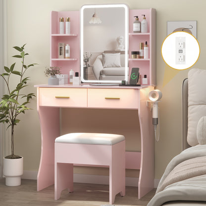 Vanity Desk With LED Lighted Mirror & Power Outlet, Corner Makeup Vanity Table With 2 Drawers, Storage Stool, For Bedroom