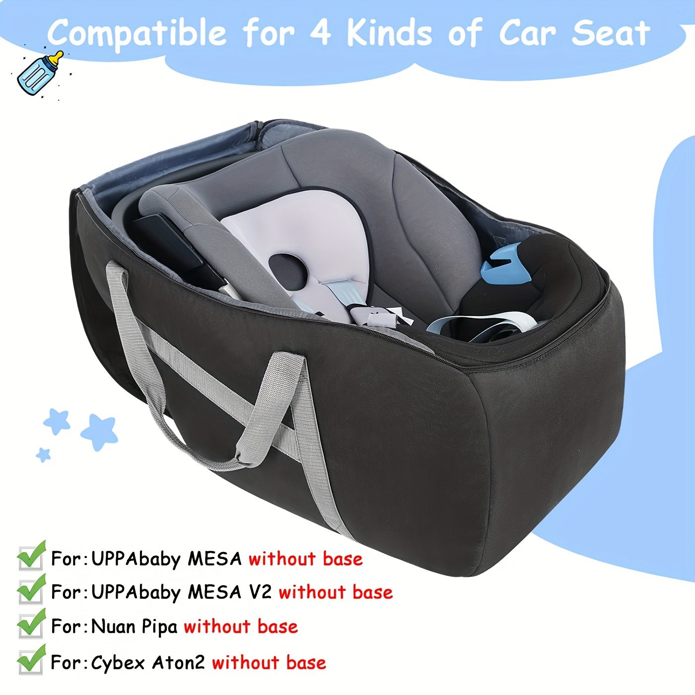 Durable Polyester Padded Car Seat Travel Bag for UPPAbaby MESA V2 & Nuna Pipa - Black with Comfort Handle, Dual Zipper, Carseat Protector, Airplane Essential, Easy Clean, Large Capacity Travel Bag