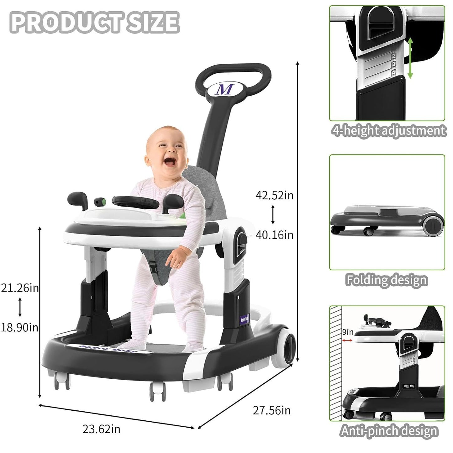 Walker, 5 Modes Foldable Walker with Wheels, Music, 4-Height Walker with Push Handle, Bouncer, Food Tray, Sunshade, Walkers for 6-12 Months Boys Girls(Grey)