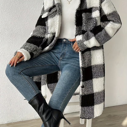 New fashion contrasting color plaid plush overcoat for autumn and winter. Casual drop-shoulder long-sleeved jacket. Trendy Women's clothing, versatile plaid overcoat.