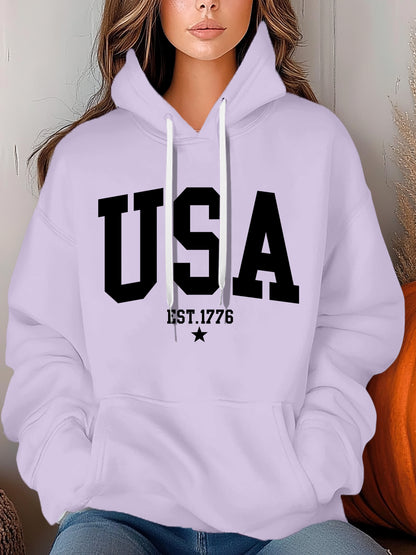 USA Letter Printed Women's Autumn And Winter 600g Hooded Pocket Hoodie, Suitable For Casual Outings And Daily Wear