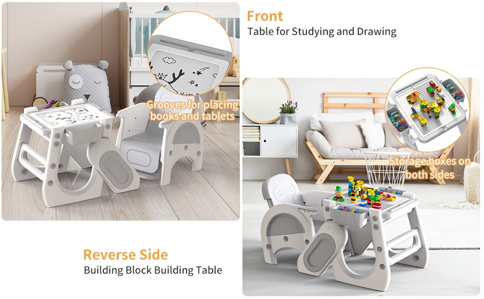 Adjustable & High Chair Set with Safety Harness - Includes Study Table, Building Block Station, and Footrest - Easy Assembly - Gray/Pink, Chair