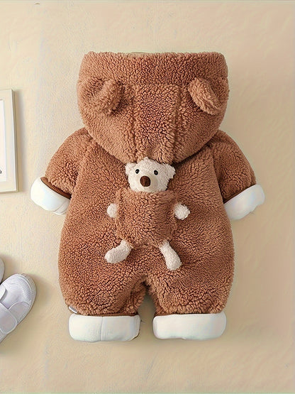 Baby Winter Clothes, Newborn Baby Bear Decor Warm Hooded Jumpsuit, Baby Clothes For Boys And Girls, Suitable For Indoor And Outdoor Wear