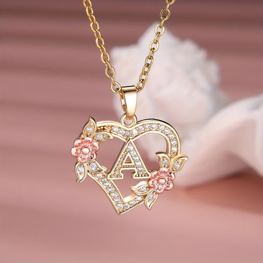 Elegant Rose Golden Alloy Letter Heart Necklace with Zirconia