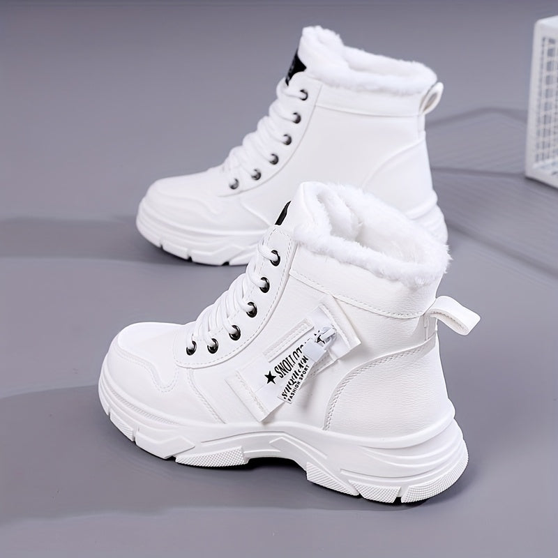 Women's Winter Warm Snow Boots with Side Zipper - Comfortable Thick Sole, High-Top Sneakers in Solid Color, Snow Boots, Outdoor Shoes