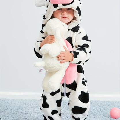 Super Cute Cow Shape Furry Baby Boys Girls Jumpsuit! - Thick Kids Thermal Clothes As Gift, Suitable For Outdoor Wear