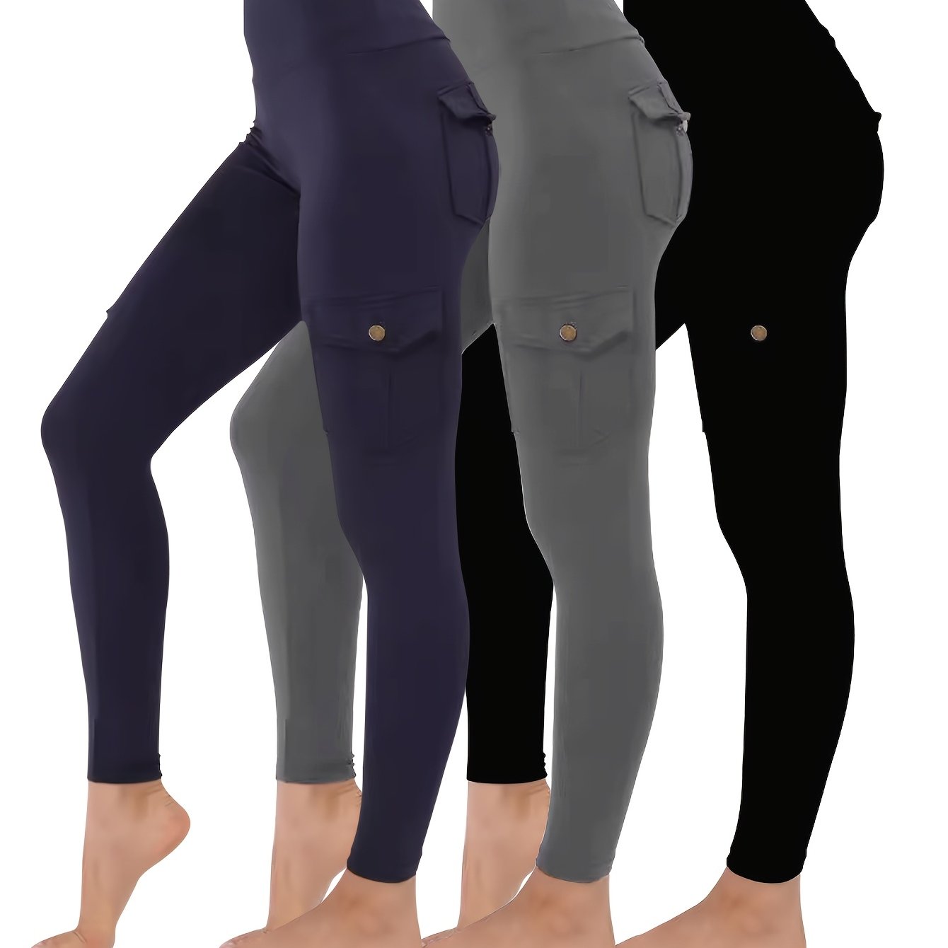 3pcs Solid Color Hip Lift Yoga Tights With Pockets, Running Exercise Yoga Pants, High-waisted Women'S Yoga Pants