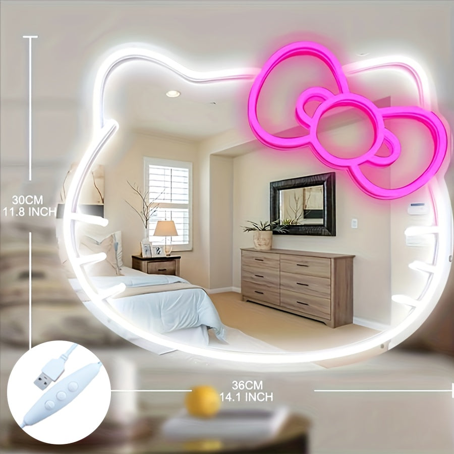 Hellokitty Cute Bow Anime Style LED Mirror Neon Mirror Brightness Adjustable Room Decor Aesthetic Light