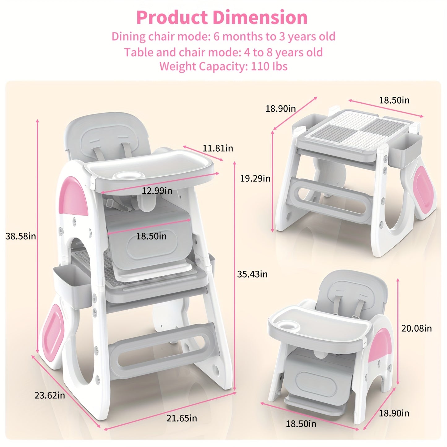 Adjustable & High Chair Set with Safety Harness - Includes Study Table, Building Block Station, and Footrest - Easy Assembly - Gray/Pink, Chair