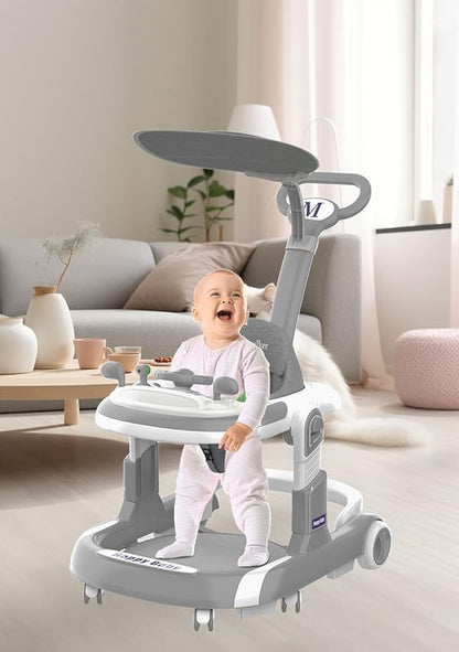 Walker, 5 Modes Foldable Walker with Wheels, Music, 4-Height Walker with Push Handle, Bouncer, Food Tray, Sunshade, Walkers for 6-12 Months Boys Girls(Grey)