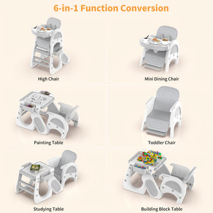 Adjustable & High Chair Set with Safety Harness - Includes Study Table, Building Block Station, and Footrest - Easy Assembly - Gray/Pink, Chair