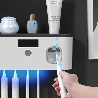 Sleek Black UV Toothbrush Sanitizer Holder - Wall-Mounted, No-Drill, USB Rechargeable with 1200mAh Battery