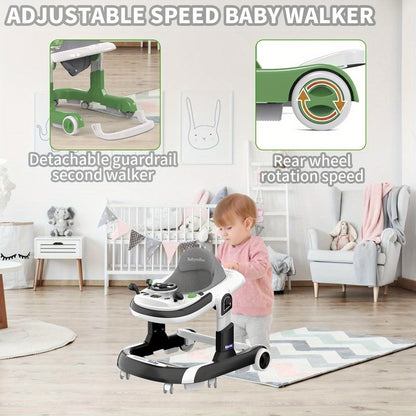 Walker, 5 Modes Foldable Walker with Wheels, Music, 4-Height Walker with Push Handle, Bouncer, Food Tray, Sunshade, Walkers for 6-12 Months Boys Girls(Grey)