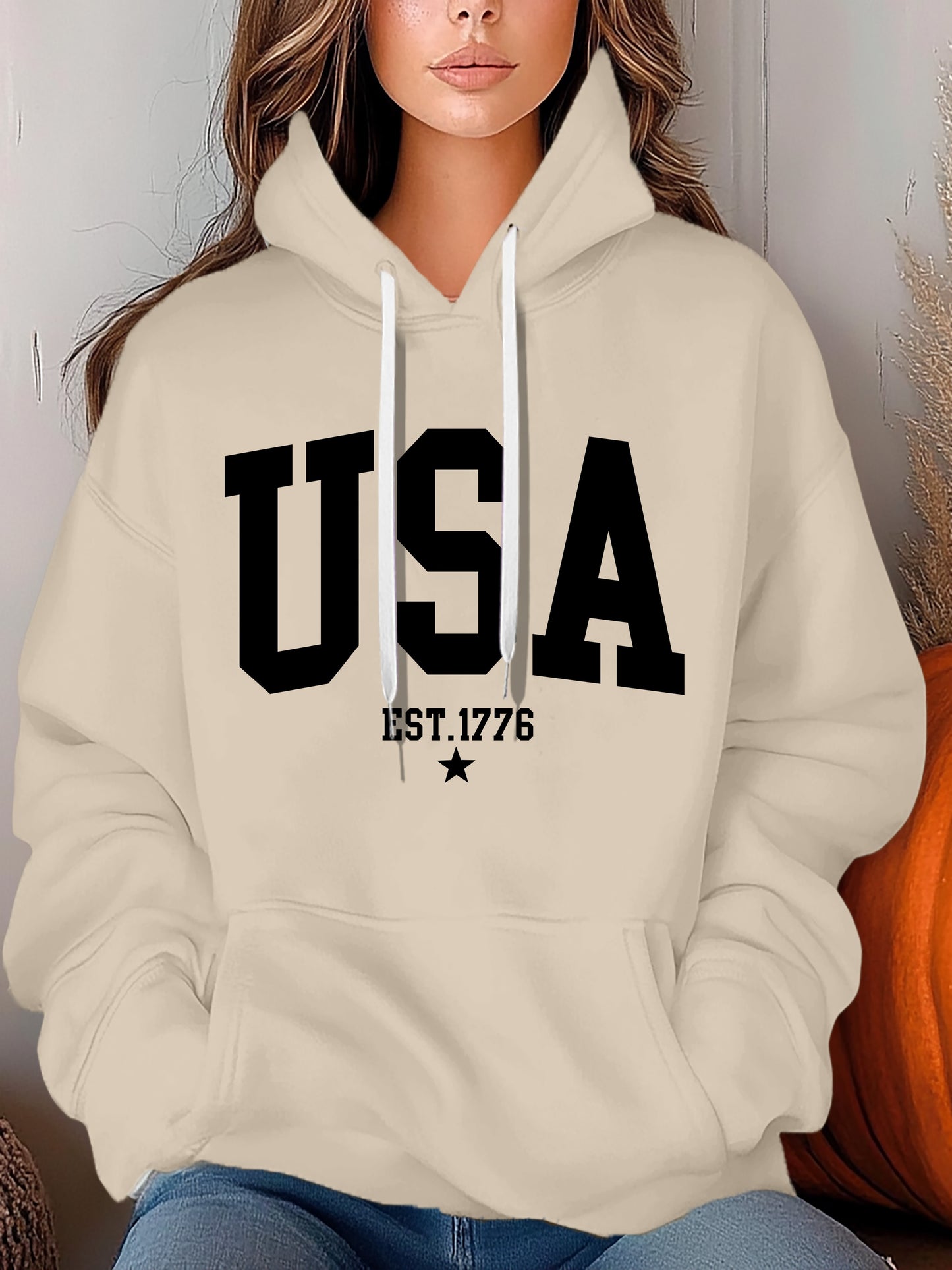 USA Letter Printed Women's Autumn And Winter 600g Hooded Pocket Hoodie, Suitable For Casual Outings And Daily Wear