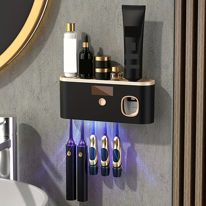 Sleek Black UV Toothbrush Sanitizer Holder - Wall-Mounted, No-Drill, USB Rechargeable with 1200mAh Battery