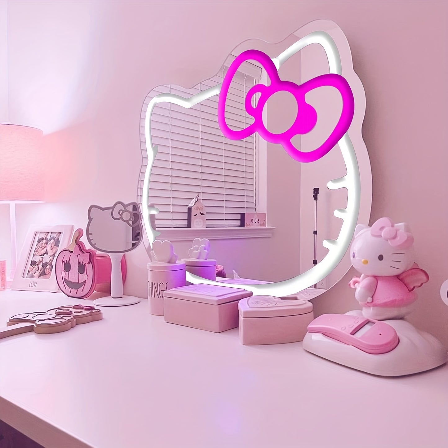 Hellokitty Cute Bow Anime Style LED Mirror Neon Mirror Brightness Adjustable Room Decor Aesthetic Light