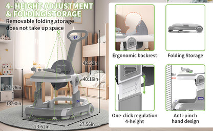 Walker, 5 Modes Foldable Walker with Wheels, Music, 4-Height Walker with Push Handle, Bouncer, Food Tray, Sunshade, Walkers for 6-12 Months Boys Girls(Grey)